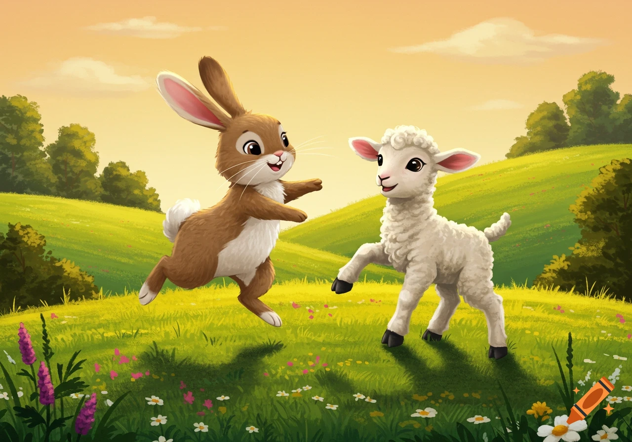 Cartoon bunny and lamb play in a sunny, flowery field.