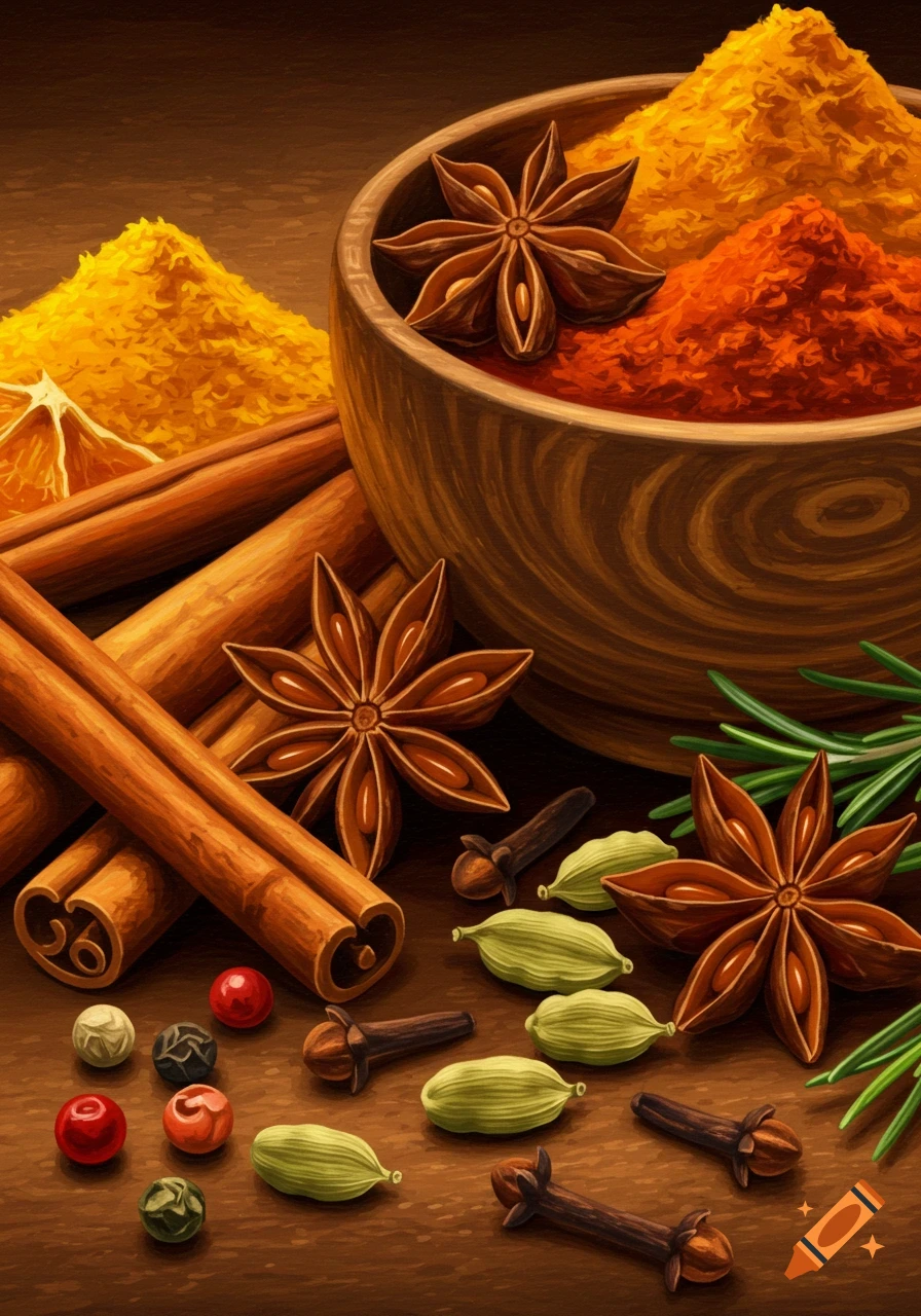 Still life digital painting of warming spices including cinnamon, star anise, and chili powder.