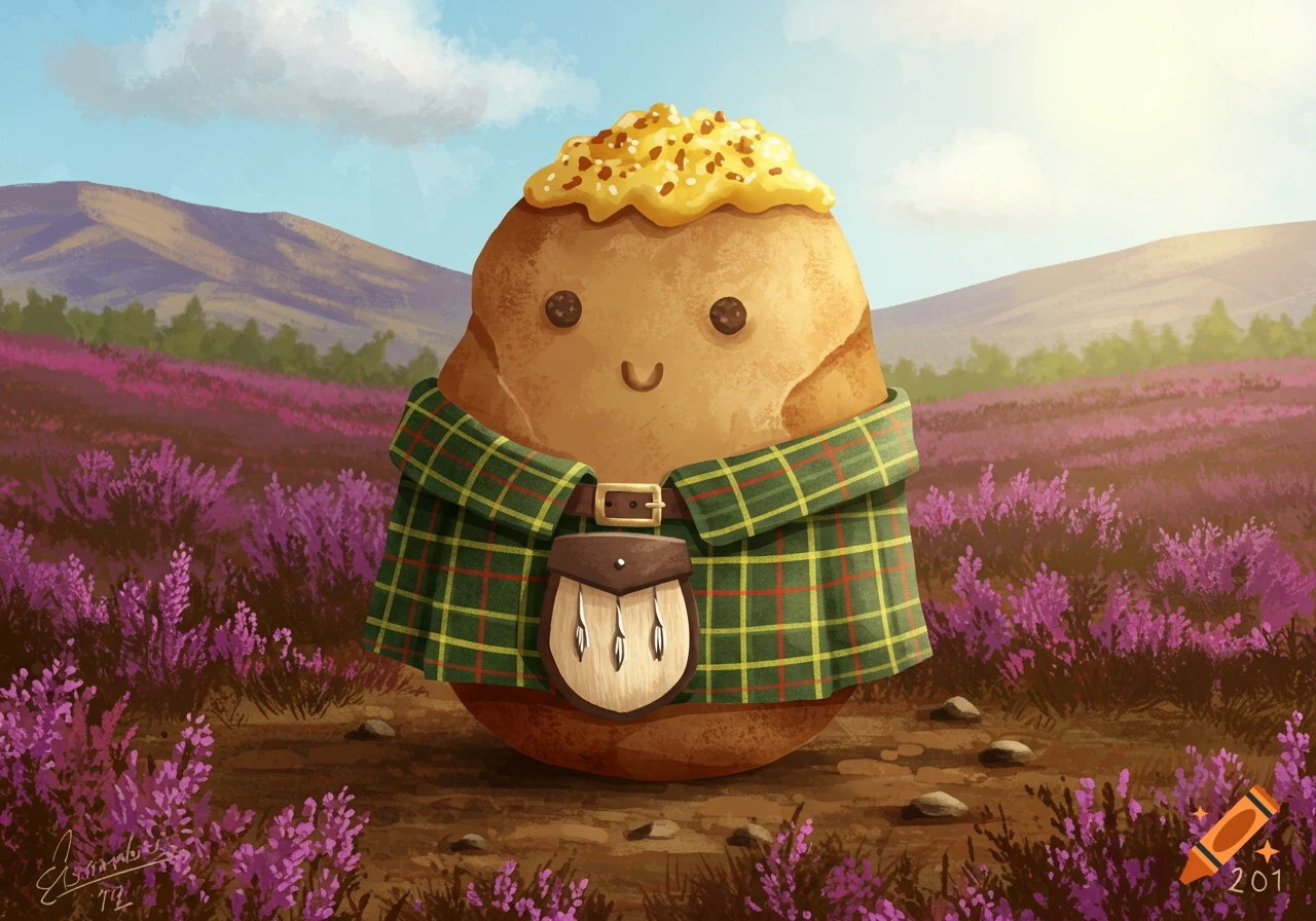 A cartoon baked potato wearing a kilt and sporran stands in a purple heather field.