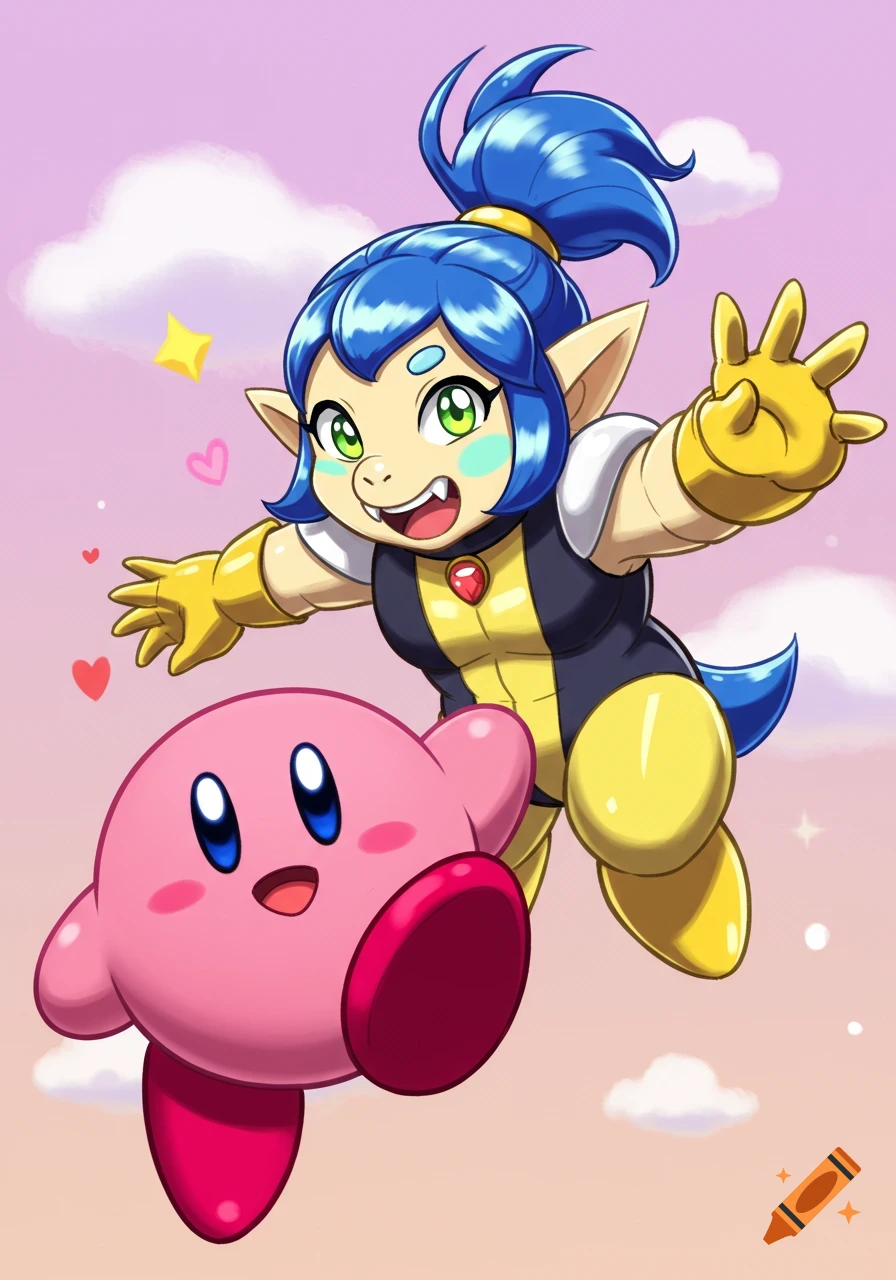 Pink Kirby and a blue-haired character in a yellow and black suit fly in a pink sky, cartoon style.