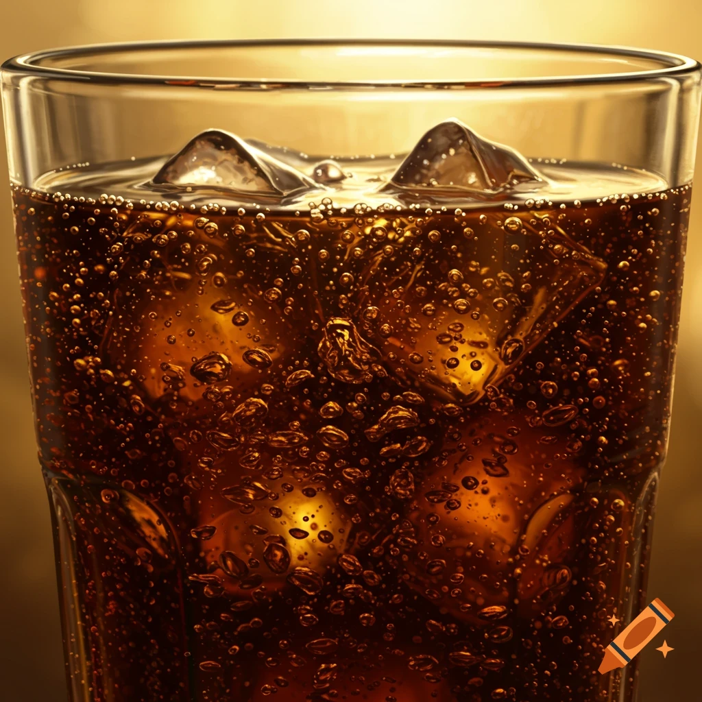 Close-up of a glass of cola with ice and bubbles.