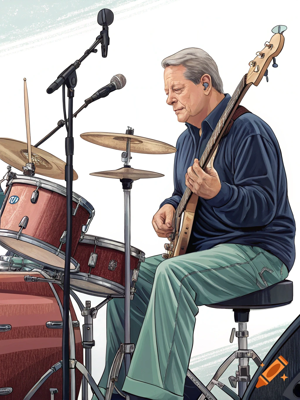 Illustration of a man playing bass guitar next to a drum set.