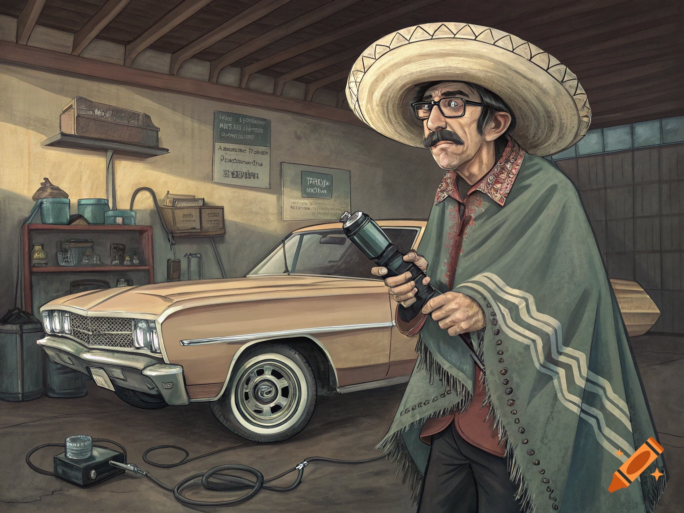 Illustrative image of a man in a sombrero and poncho standing in a garage with a vintage car, holding a device.
