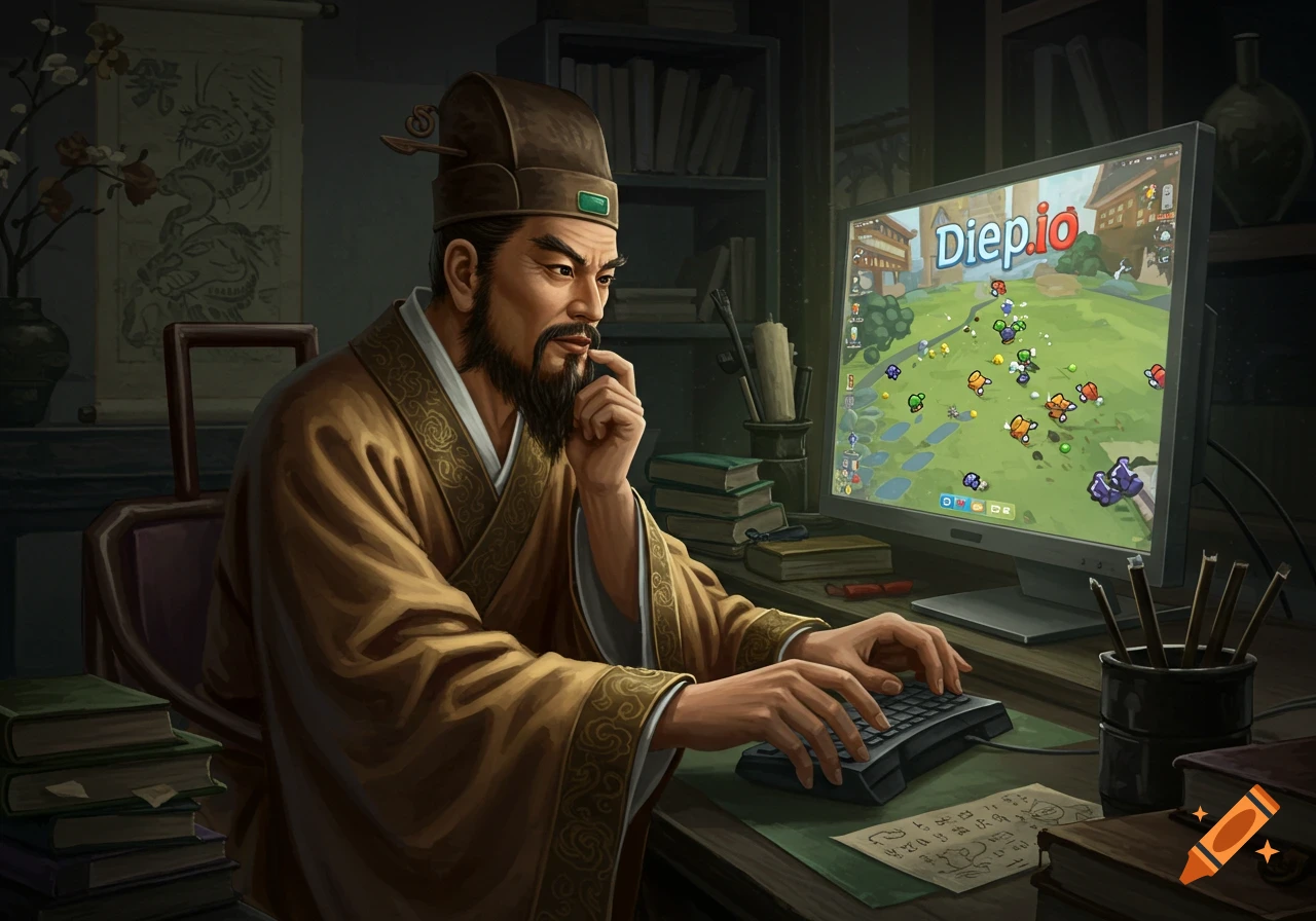 Historical Chinese philosopher playing a game on a computer in a painted style.