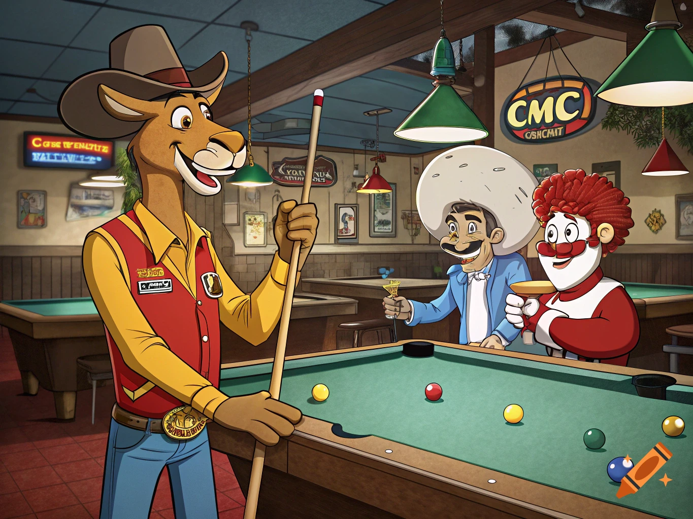 A cartoon kangaroo in a cowboy hat plays pool with a man in a sombrero and a clown-like figure.