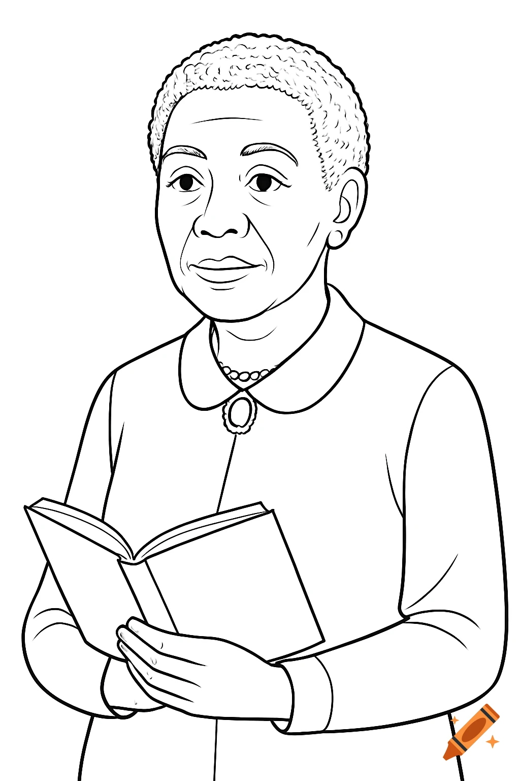 Black and white line drawing of a woman holding an open book.