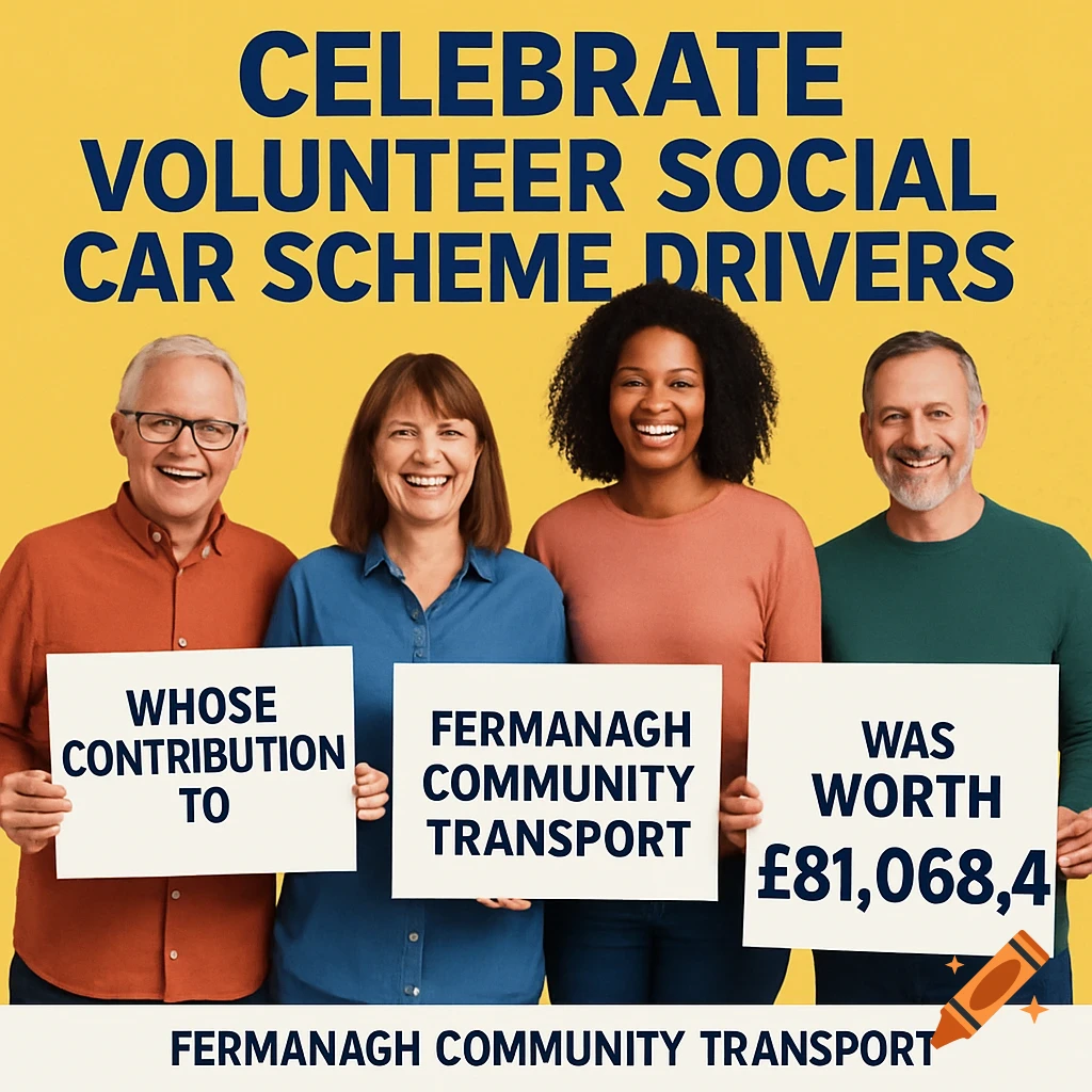 Four smiling people hold signs about volunteer social car scheme drivers and a large financial contribution.