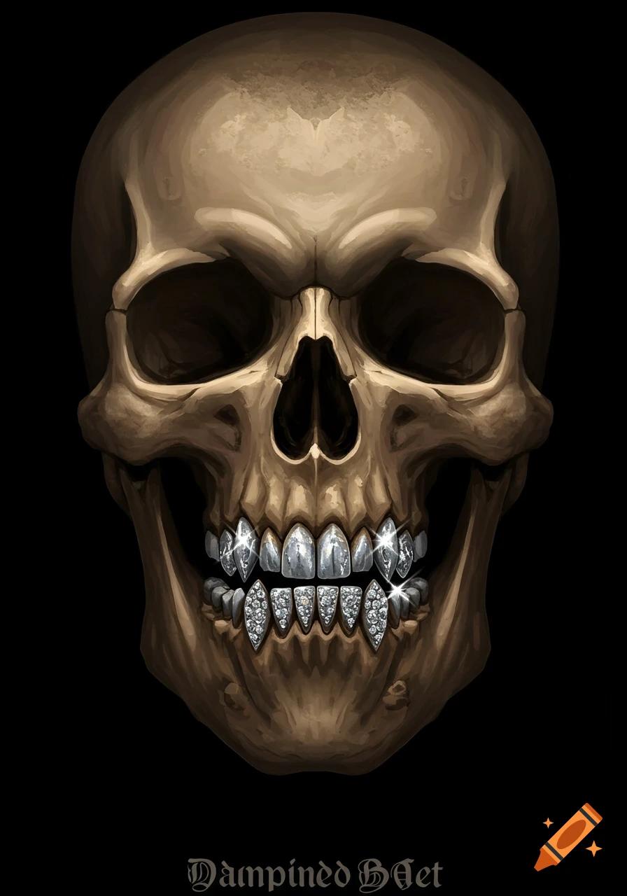 Illustration of a vampire skull with shiny diamond grill teeth on a black background