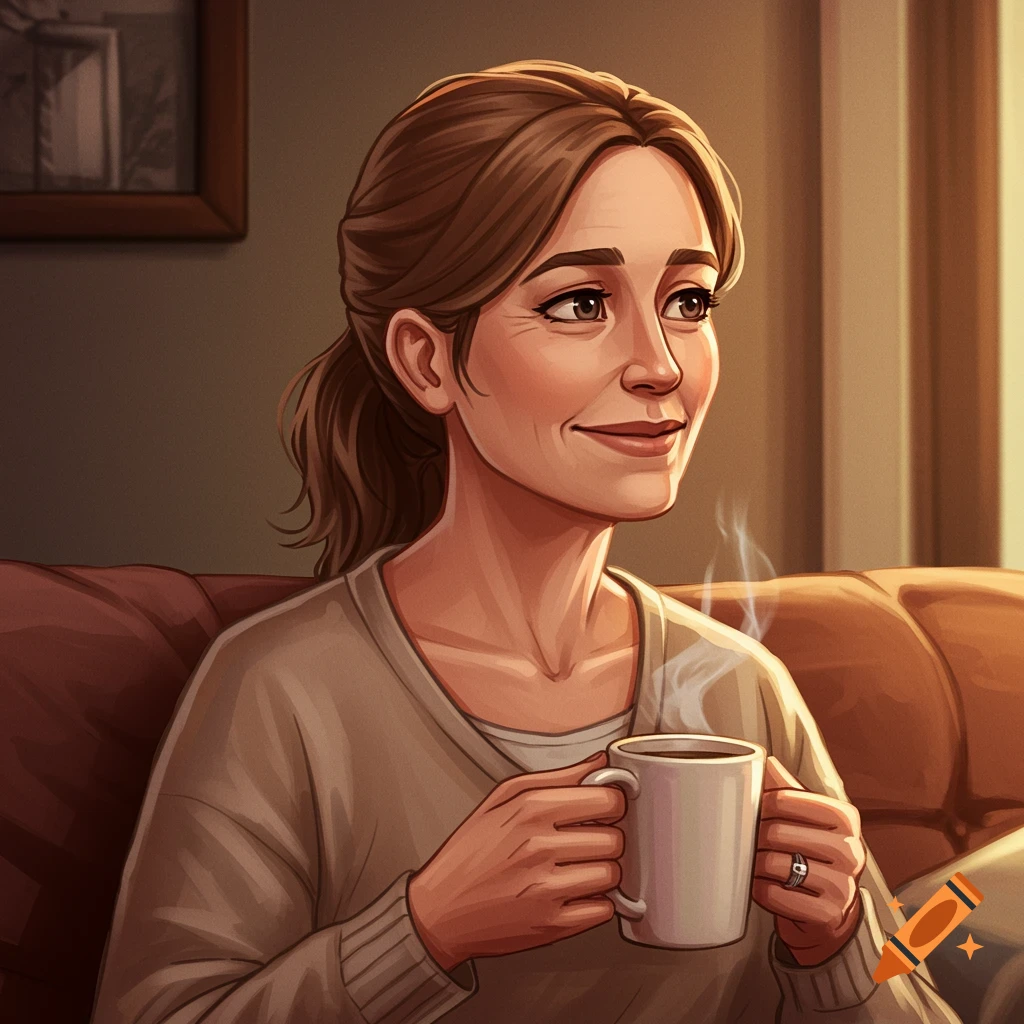 An illustration of a smiling woman holding a steaming coffee mug.