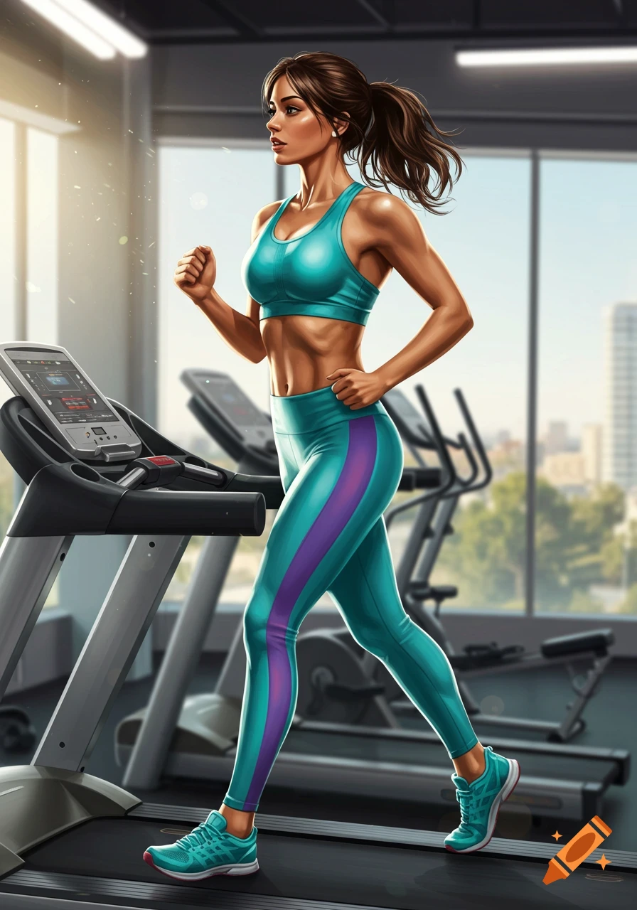 Realistic illustration of a woman running on a treadmill in a gym.