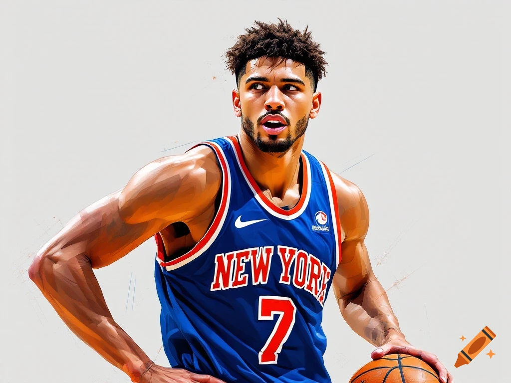 Illustration of a male basketball player in a New York Knicks jersey dribbling a ball.