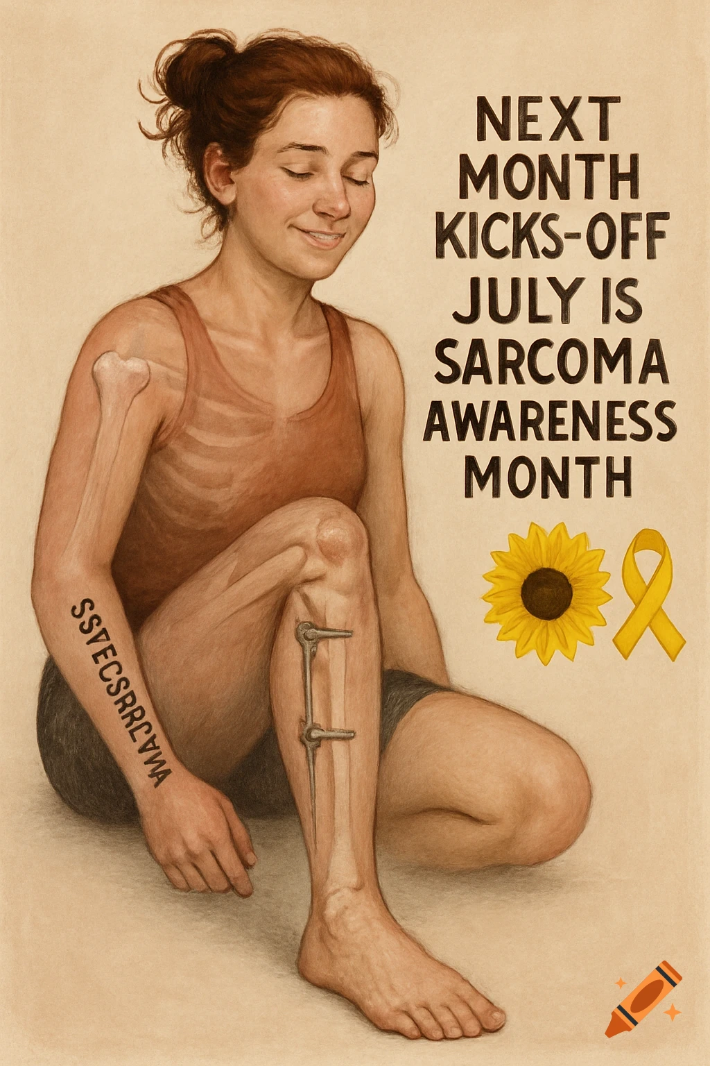 A drawing of a person with visible bones and medical hardware on their leg, with text about Sarcoma Awareness Month.