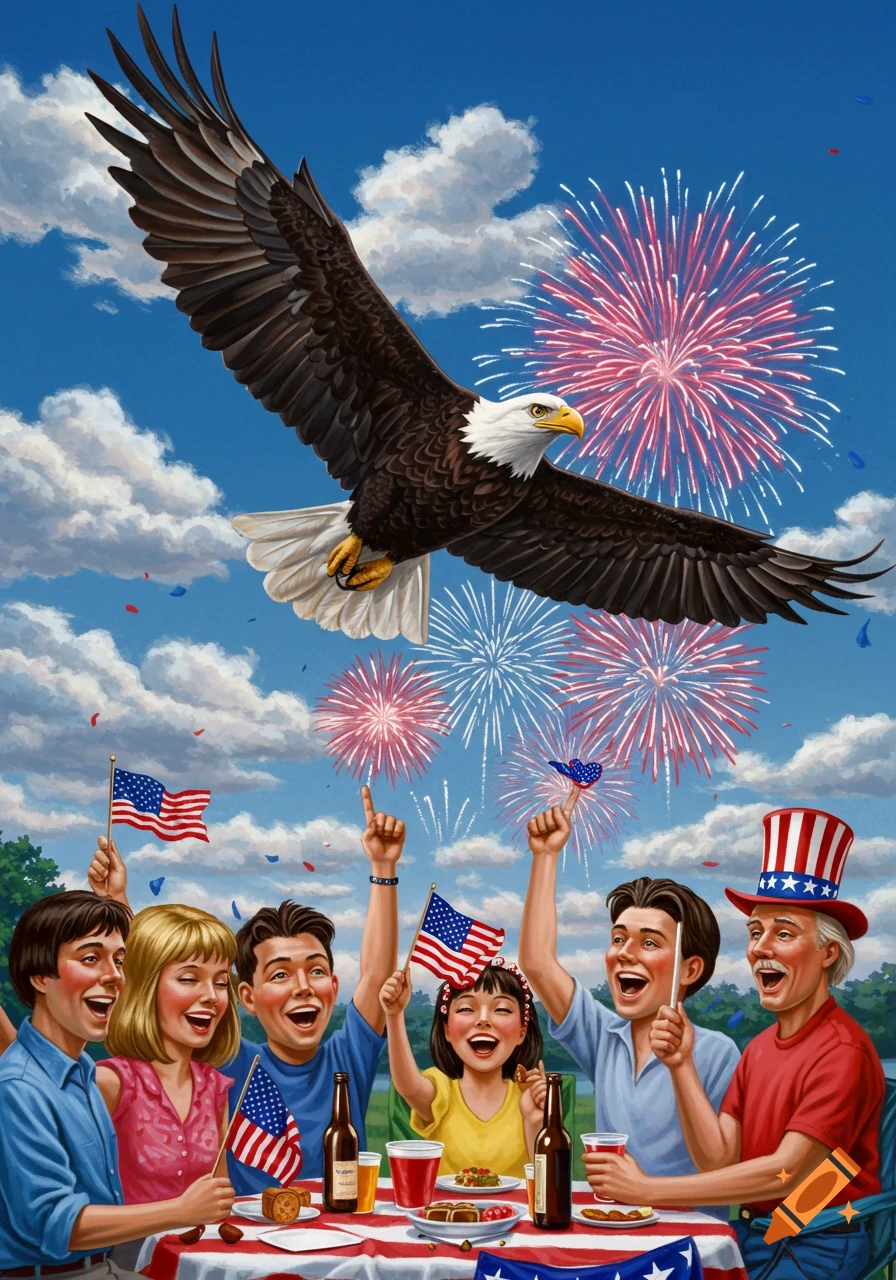 Family celebrates 4th of July with fireworks, an eagle flying overhead, and a picnic.