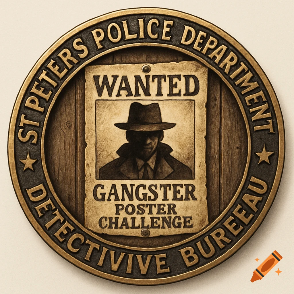 A bronze colored police and detective bureau challenge coin featuring a wanted poster of a man in a fedora hat.
