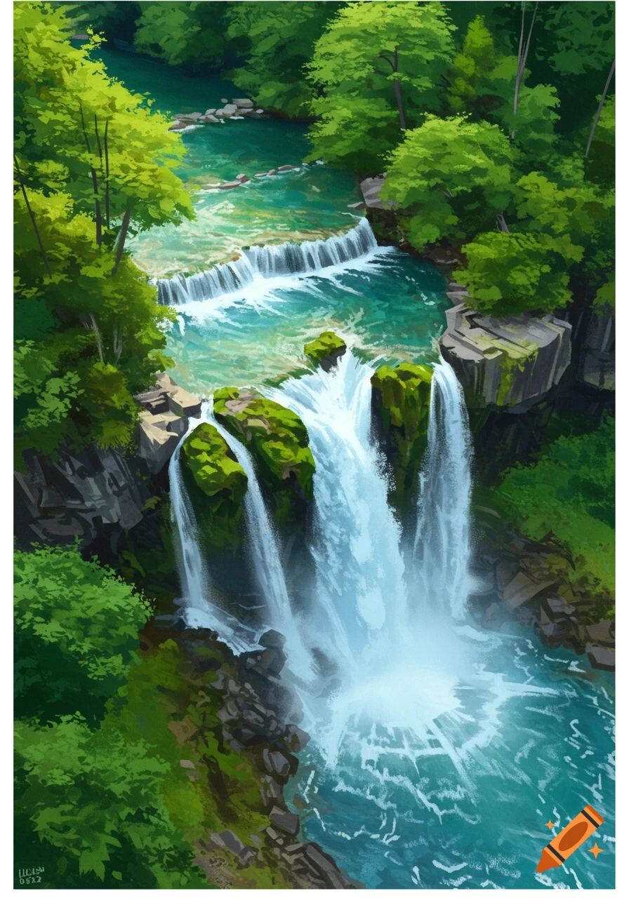 Illustration of a waterfall cascading down cliffs into a forest river.