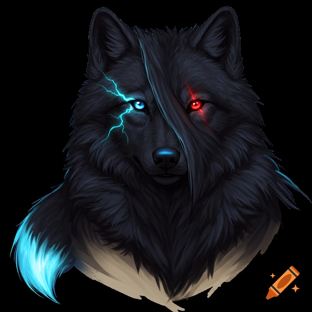 Illustration of a black wolf with blue lightning eye, red eye, and blue tail tip.