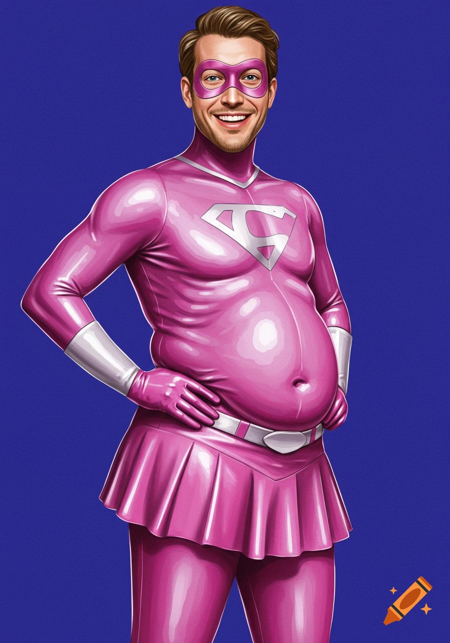 Man in pink spandex superhero suit with mask, skirt, and large belly
