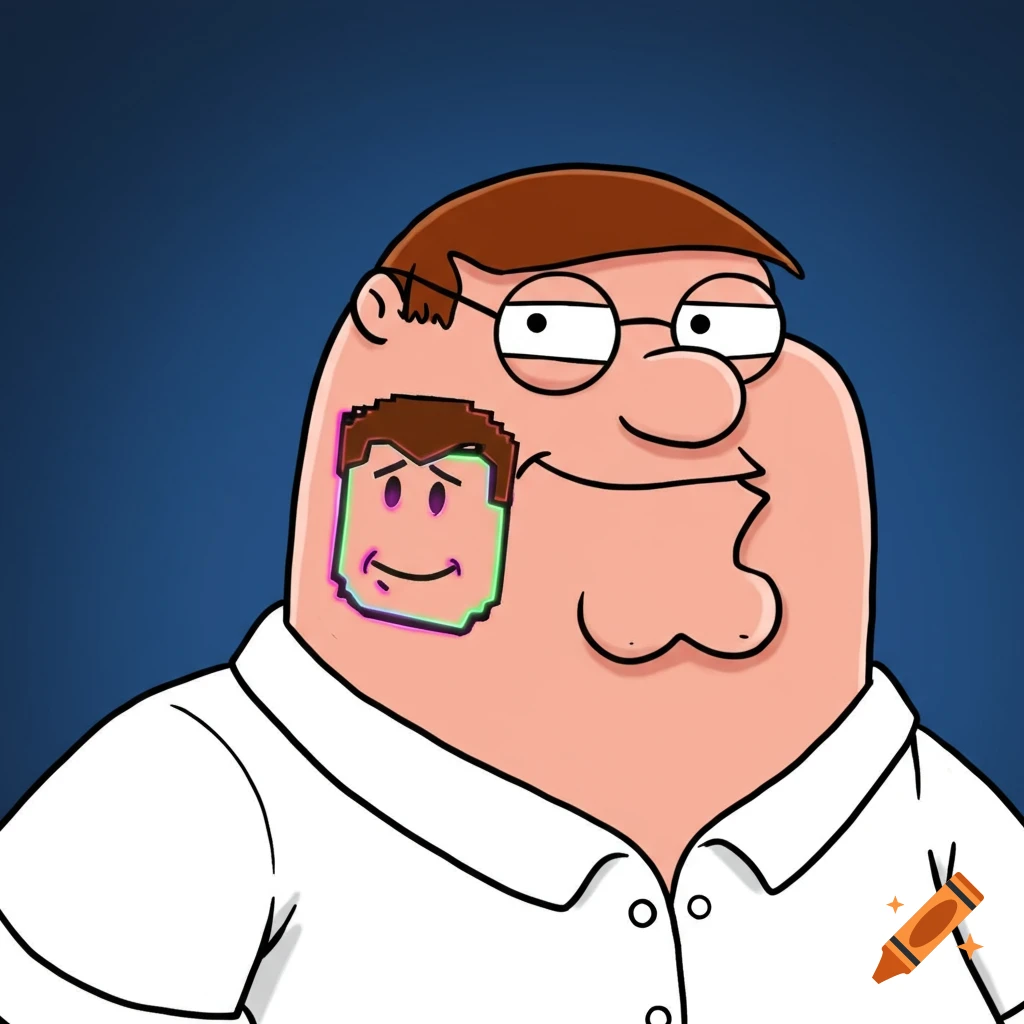 Peter Griffin with a pixelated Roblox face tattoo on his cheek.