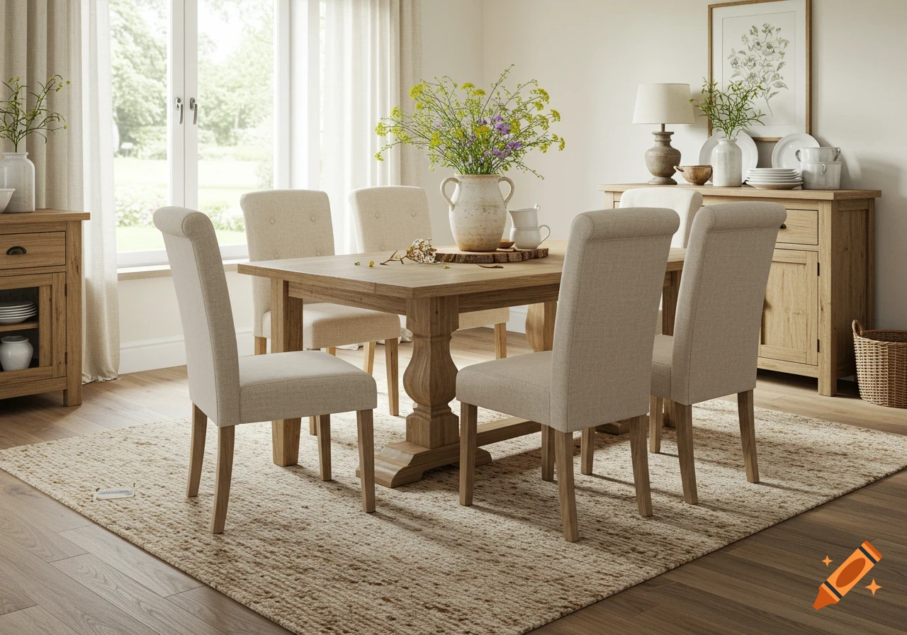 Photorealistic image of a farmhouse style dining room with a wooden dining table, fabric chairs, and a sideboard.