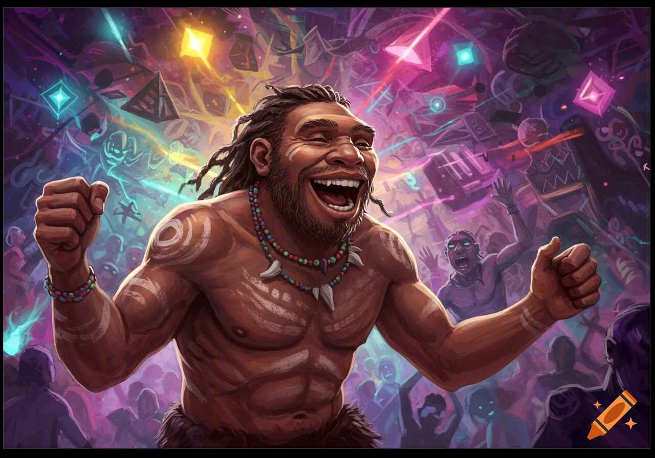 A smiling neanderthal cheers and dances excitedly at a vibrant, colorful rave party with other figures in the background.