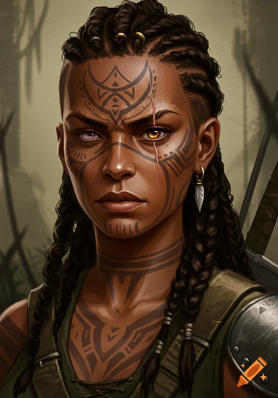 A fantasy portrait of a tribal warrior woman with face tattoos and braided hair.