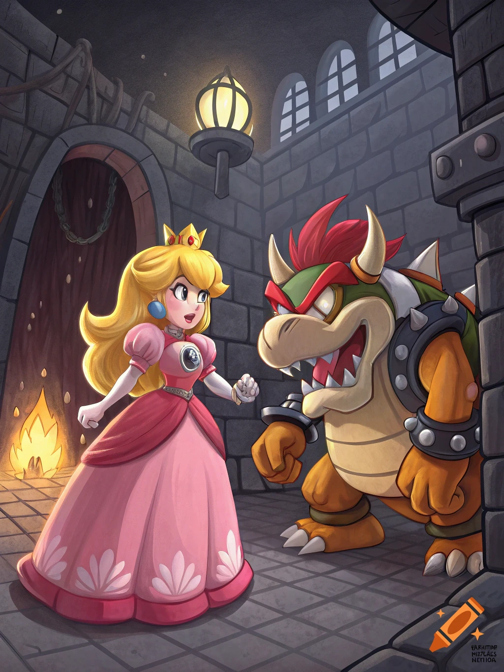 A cartoon depiction of Princess Peach facing Bowser in a castle hallway ...