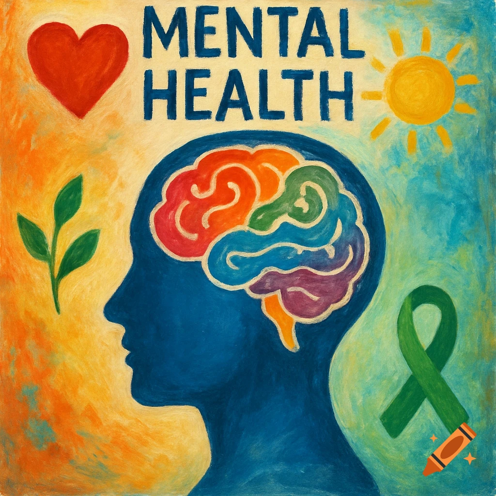 Colorful illustration related to mental health, featuring a head profile with a rainbow brain, text 'MENTAL HEALTH', heart, leaf, sun, and green ribbon.
