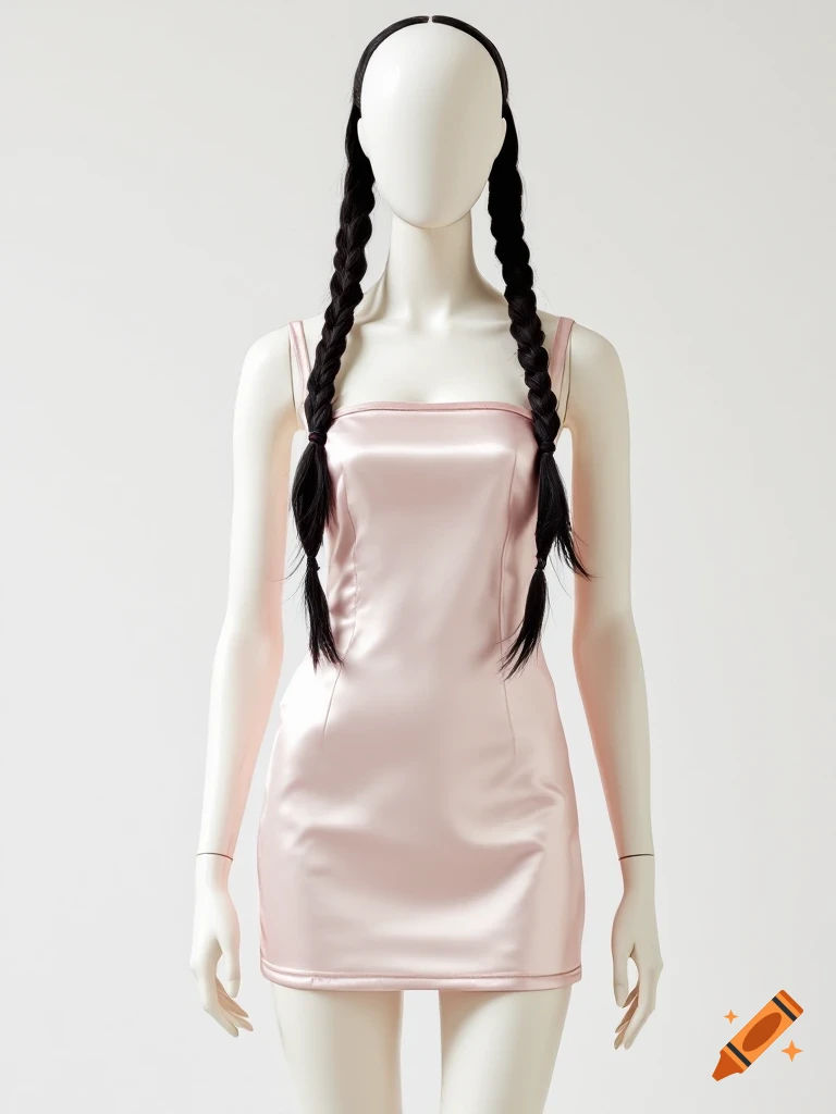 Realistic mannequin with black braided pigtails wearing a pink satin mini dress on a white background.