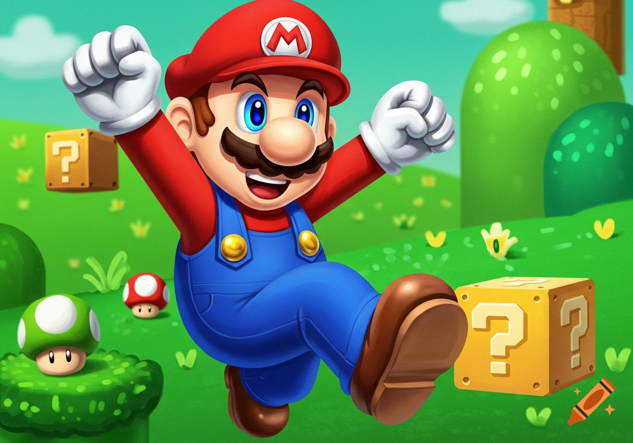 Mario Butoon Cartoon illustration of Mario jumping in a grassy landscape with ...