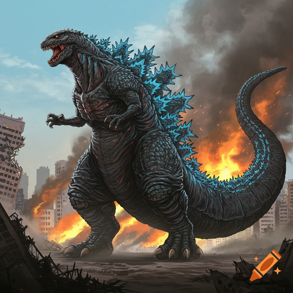 A large, dark kaiju monster stands in a destroyed city engulfed in fire and smoke.