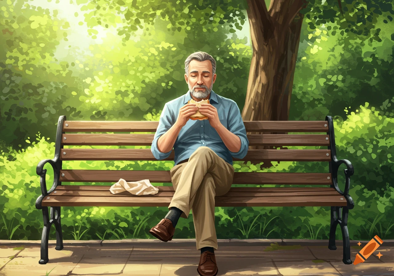 Digital painting of a man sitting on a park bench eating a sandwich.