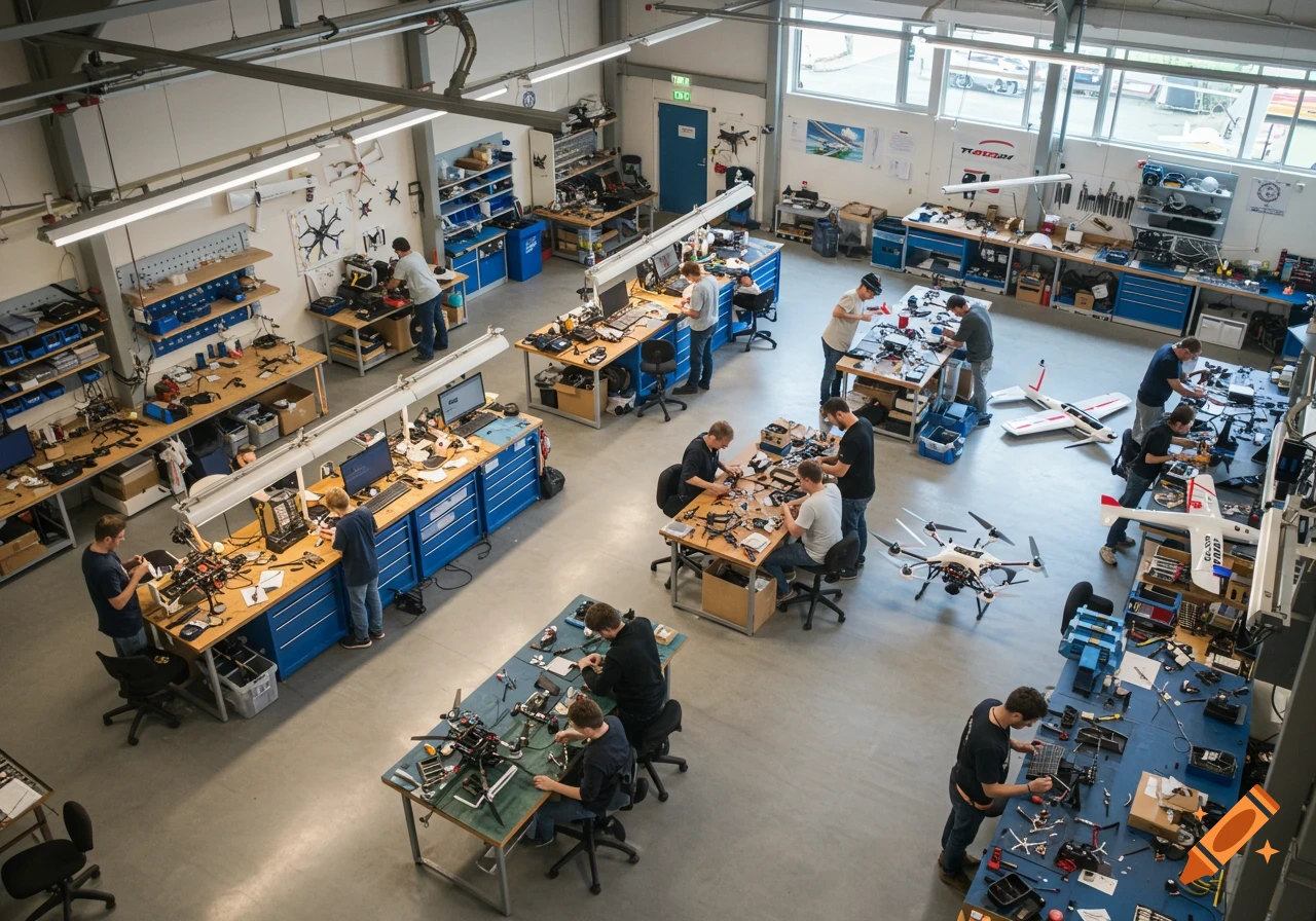 Overhead view of a busy workshop with people working on drones and RC airplanes at various stations.