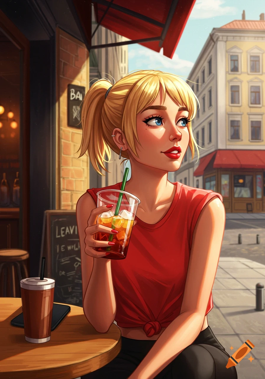 Illustration of a young blonde woman sitting outside a cafe with a drink, looking away.