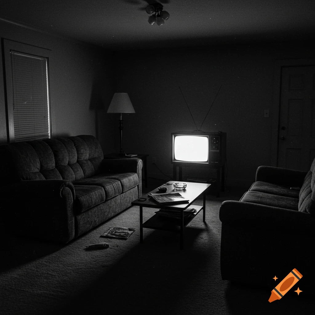 Dimly lit black and white photo of a vintage living room with couch, coffee table, and glowing box TV.