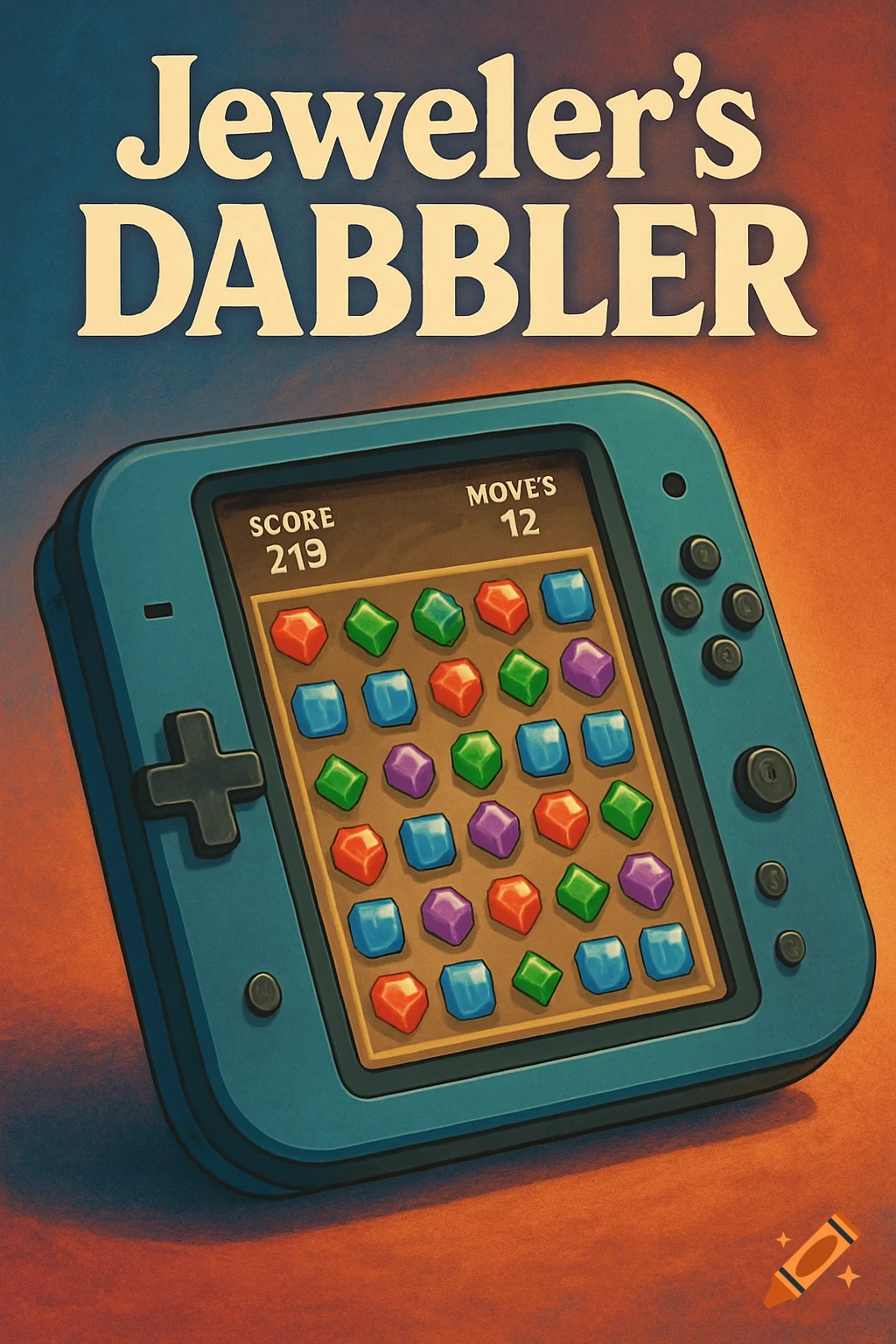 Retro poster of a blue handheld video game device playing a jewel-matching game with the title Jeweler's DABBLER.