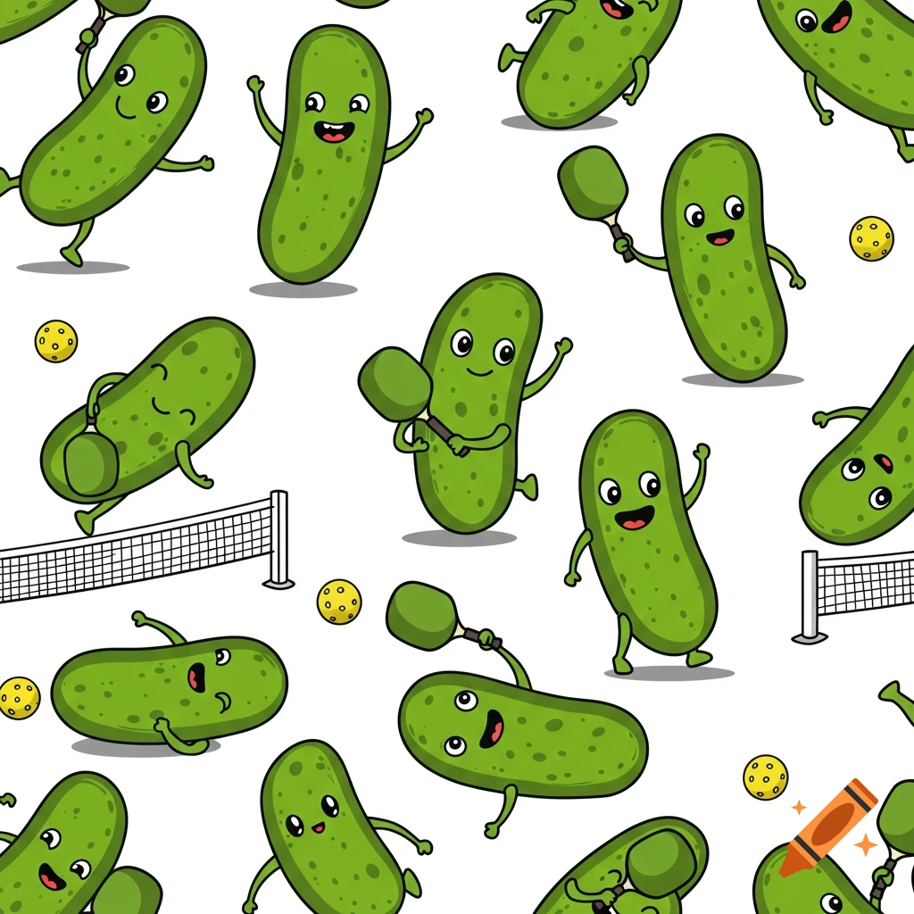 Seamless pattern of cartoon pickles playing pickleball on a white background.