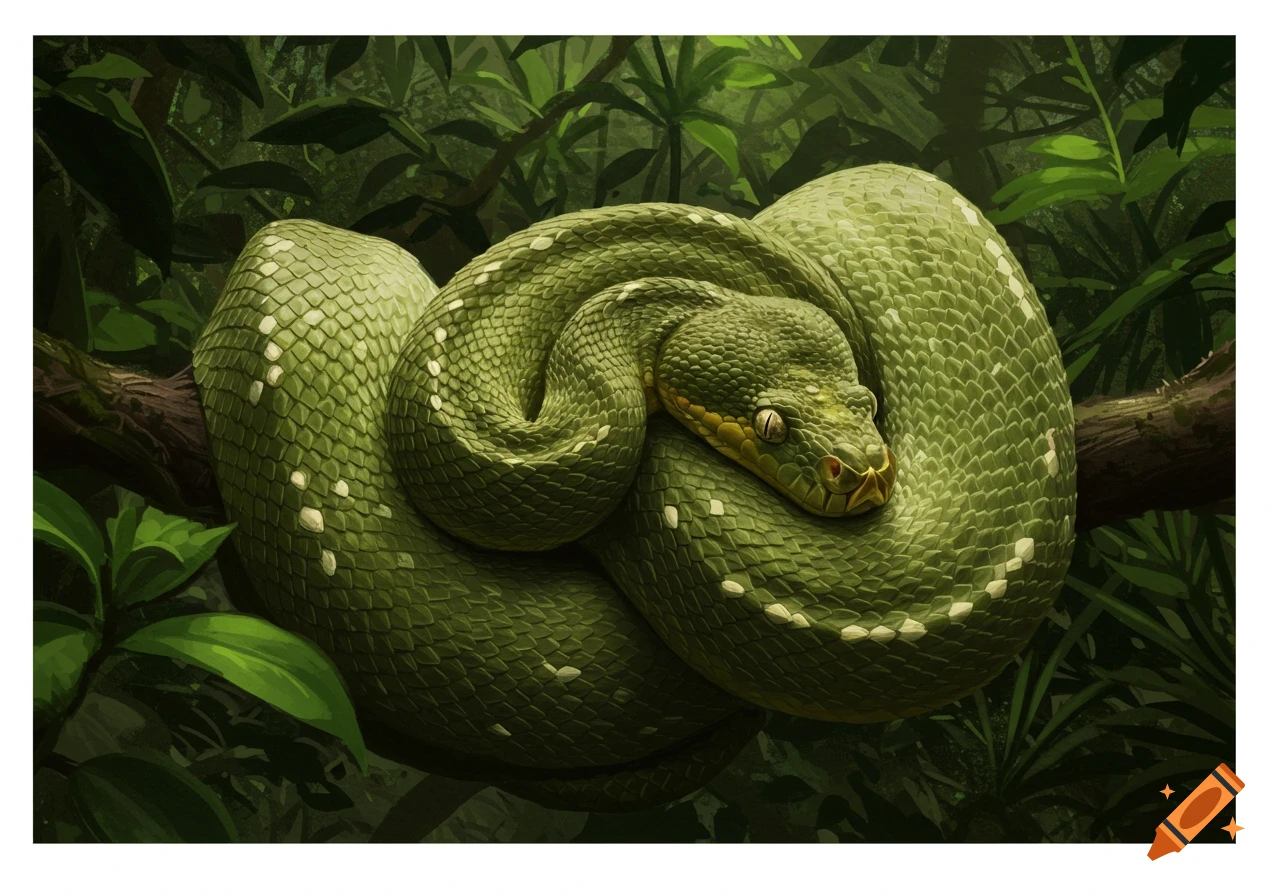 A green snake coiled on a branch in a jungle.