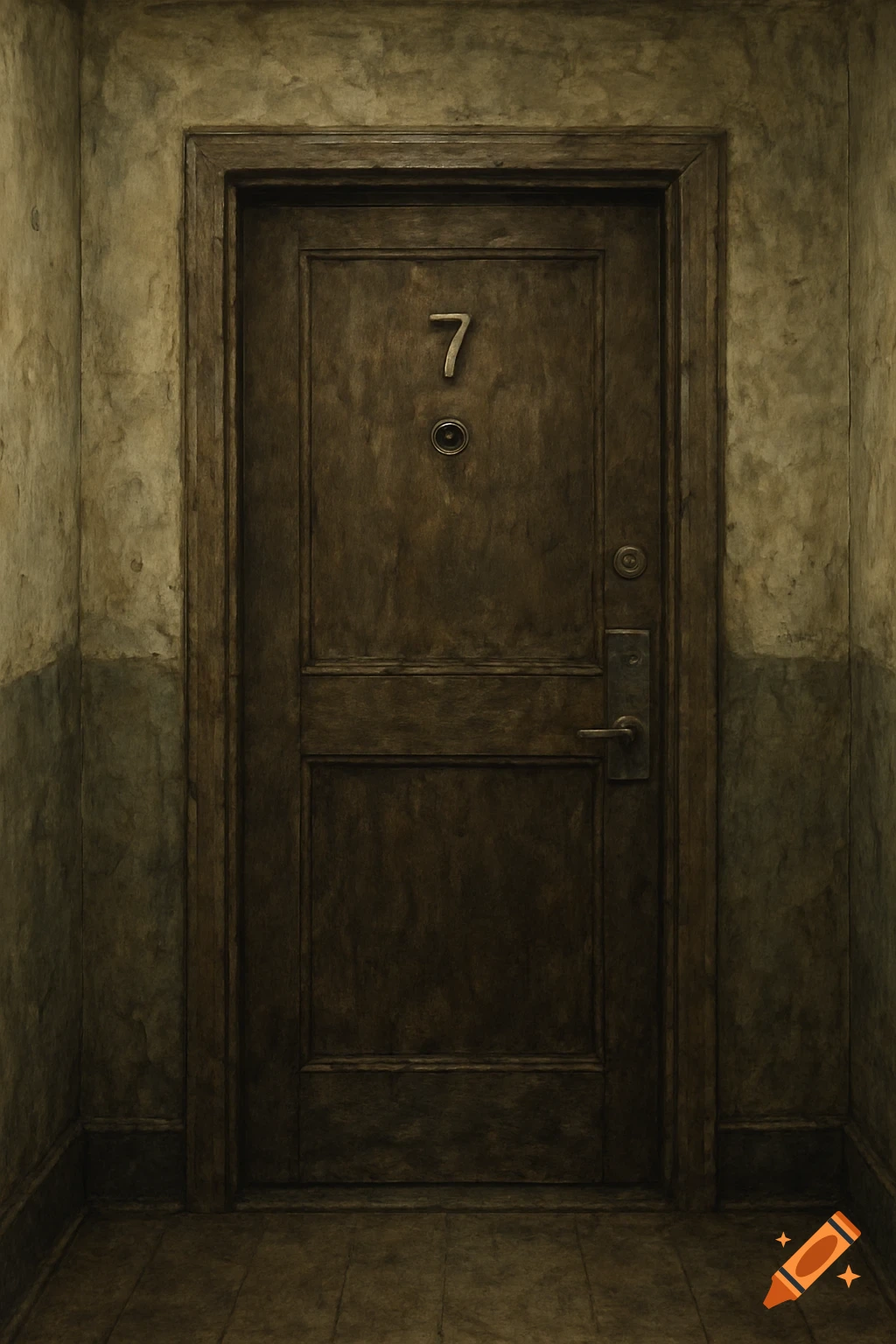 A run-down apartment door with the number 7 on it.