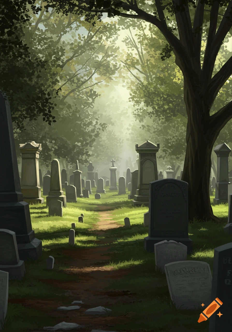 A path winds through a sunlit graveyard with many headstones and trees, in an illustration style.