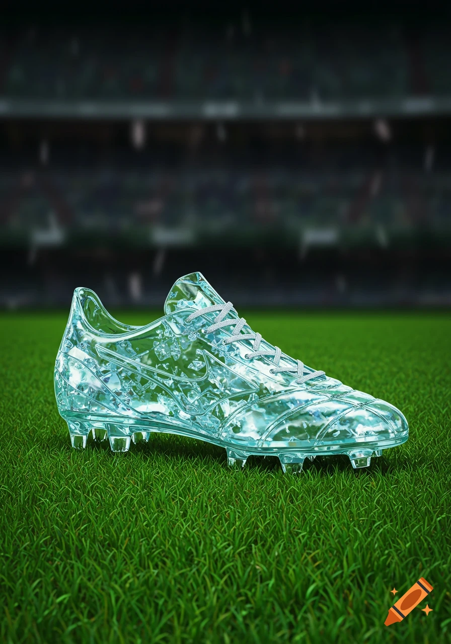 A soccer boot made of clear glass stands on a grass field in a stadium.