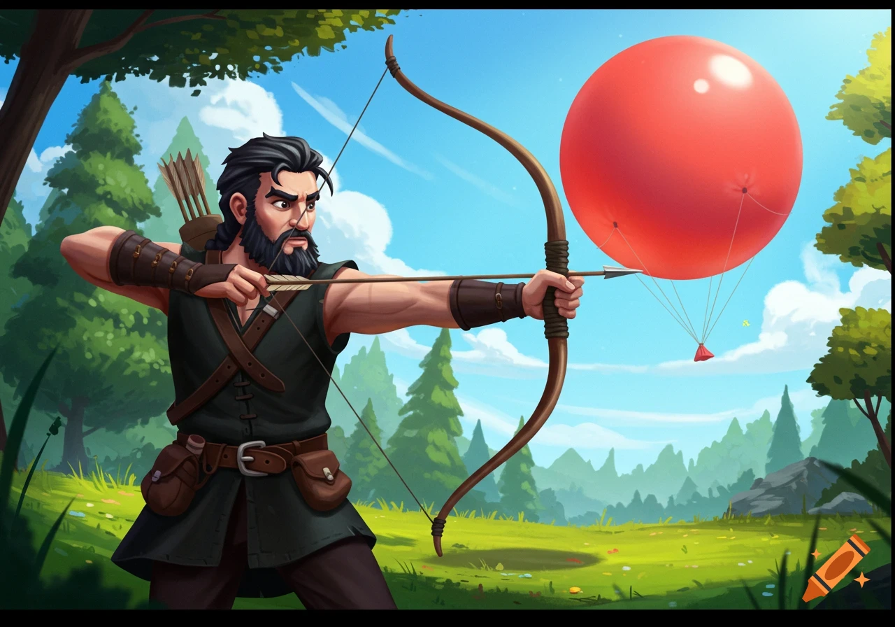 A stylized illustration of a man shooting a bow and arrow at a large red balloon in a sunny landscape.