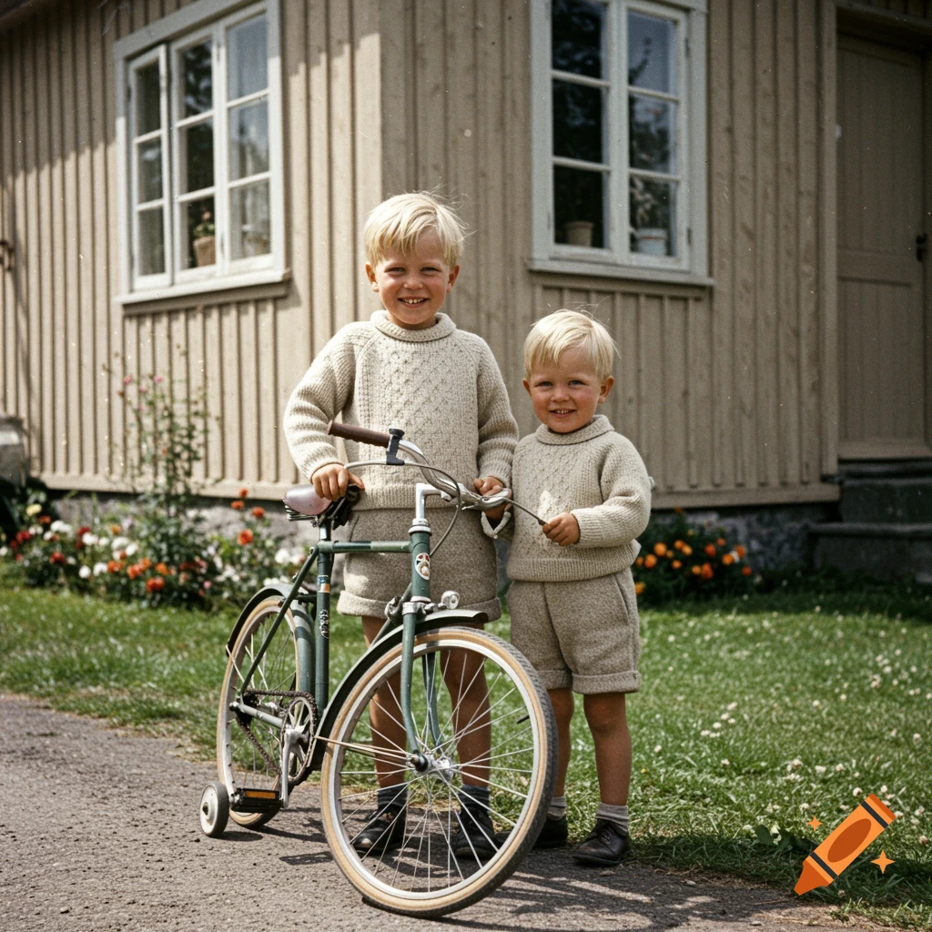 Two smiling young boys in vintage sweaters and shorts stand by a bicycle outside a wooden house, 1960s photo.