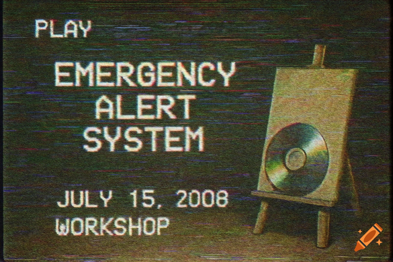 Vintage screen display showing 'PLAY EMERGENCY ALERT SYSTEM JULY 15, 2008 WORKSHOP' text next to a canvas with a CD, with heavy VHS glitches.