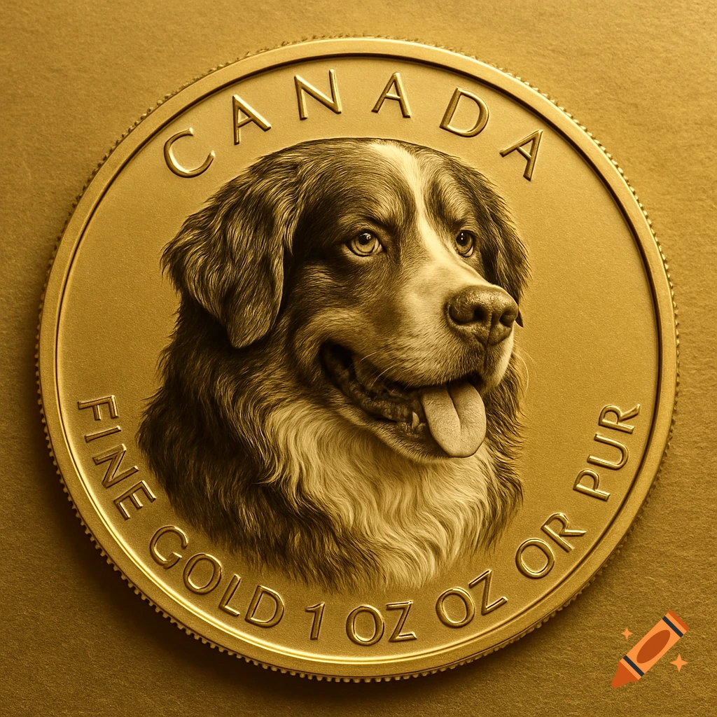 A close-up detailed image of a gold coin featuring a portrait of a Bernese Mountain Dog.