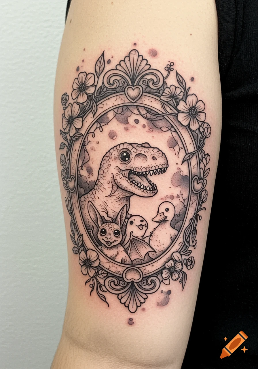 Black and gray tattoo of a dinosaur, bat, bunny, and duck in a floral frame on an arm.