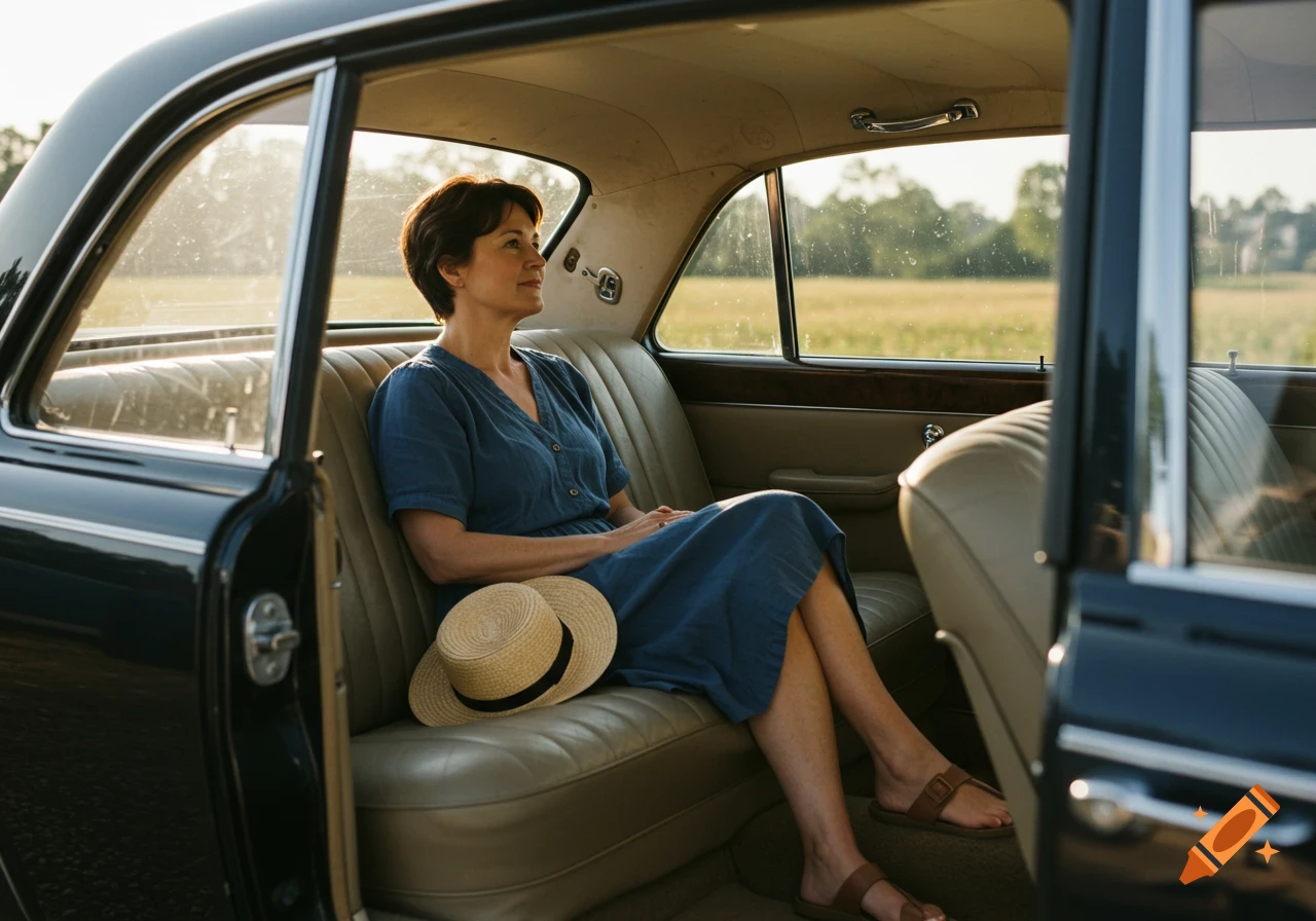 A woman sits in the back seat of a classic car looking out the window ...