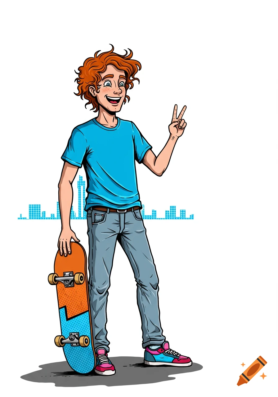 Cartoon illustration of a red-haired young man holding a skateboard and making a peace sign.