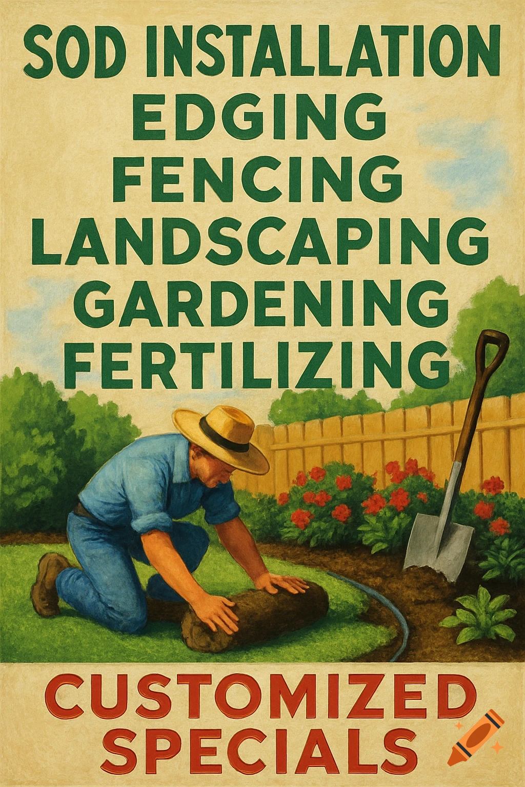 Vintage poster shows a man installing sod in a garden, with text listing landscaping services.