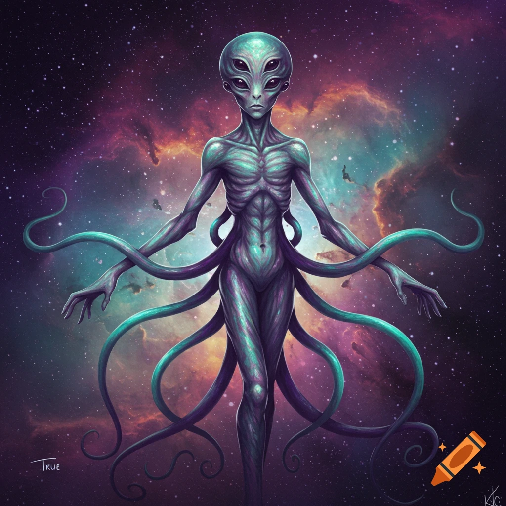 An alien creature with multiple eyes and tentacles in space.