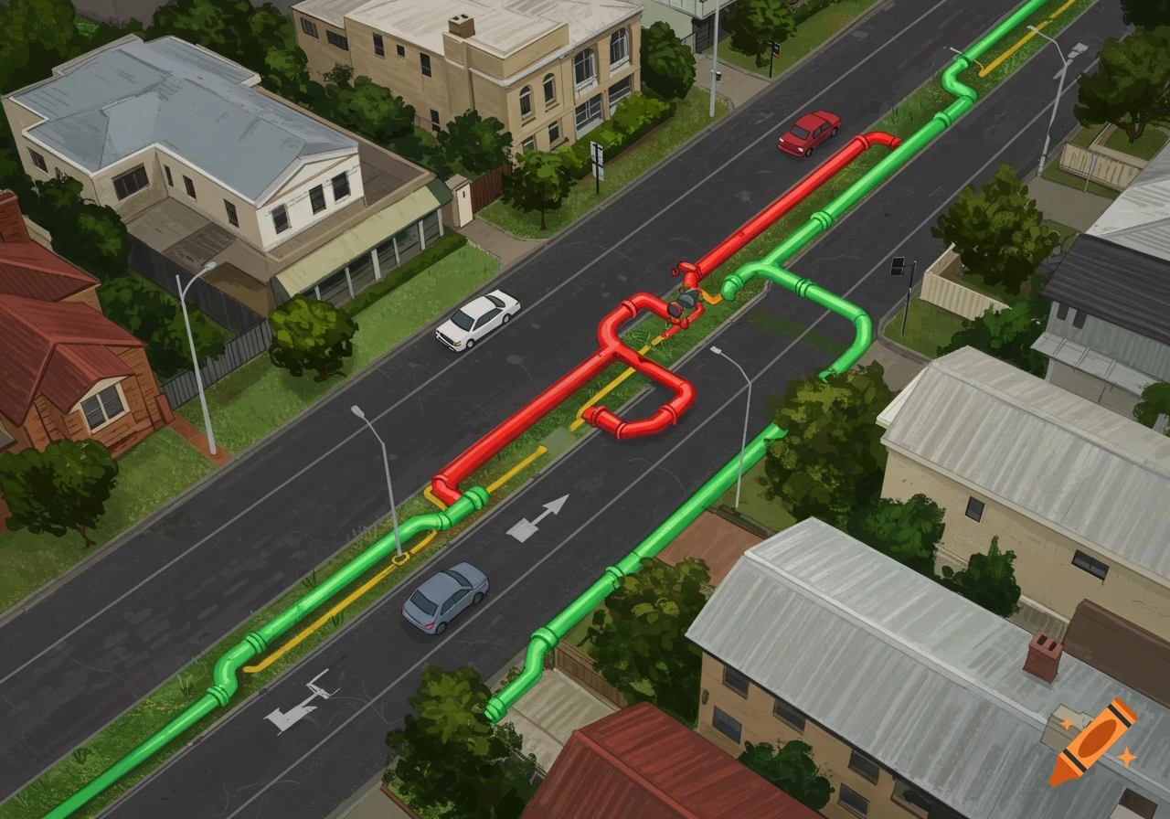 Bird's eye view illustration of a street showing underground red and green pipes, cars, and houses.